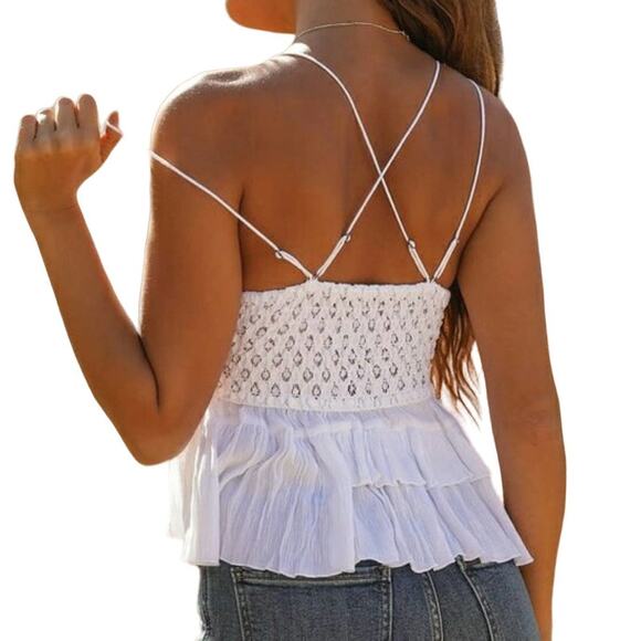 Free People Adella Cami Crochet Lace Flowy Tiered Crisscross White XS New - Picture 4 of 11